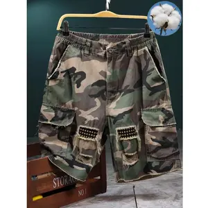 Camouflage High-Cotton Cargo Shorts | Distressed Streetwear Bottoms Size Up If You Prefer Loose Style | Men's Ripped Tactical Shorts with Pockets, Baggy Fit, Summer Casual Wear, Urban Fashion, Outdoor Utility Design