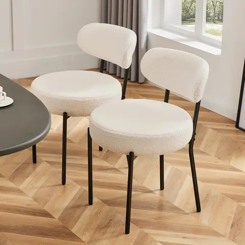 Sweetcrispy 2-Piece Boucle Upholstered Dining Chair Combo, Ergonomic Mid-Century Modern Minimalist Round Upholstered Dining Room Furniture, Curved Backrest Support, Durable Metal Legs, Floor Unevenness Adjustment for Kitchen