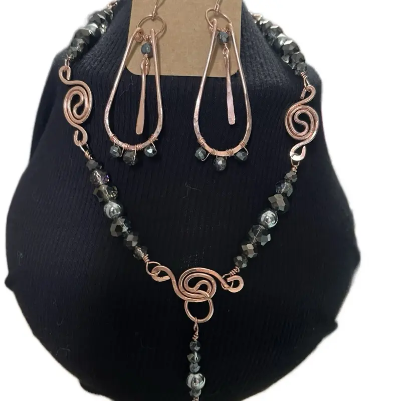 Handcrafted Copper & Hematite Necklace & Earring Set with Unique Swirl Design and Beaded Accents