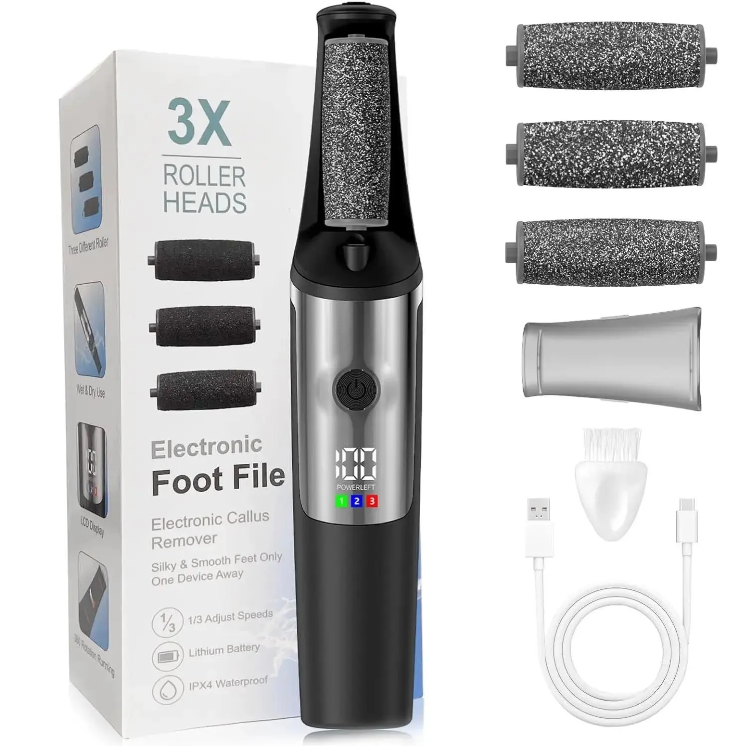 1 electric foot file, electric foot callus remover, USB rechargeable foot dead skin remover, foot scraper for dead skin, portable foot rasp, Calloused feet remover tool, home DIY Pedicure tool for dead, hard skin, foot skin care for men and women