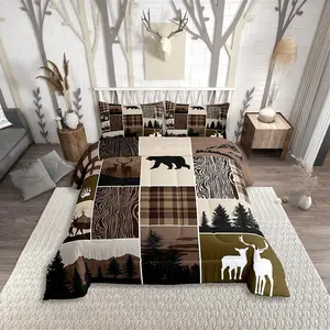 Hunting Deer Comforter Set,Rustic Farmhouse Bedding Set,Country Moose Bear Duvet Insert,Adult Bedroom Christmas Retro Buffalo Quilt