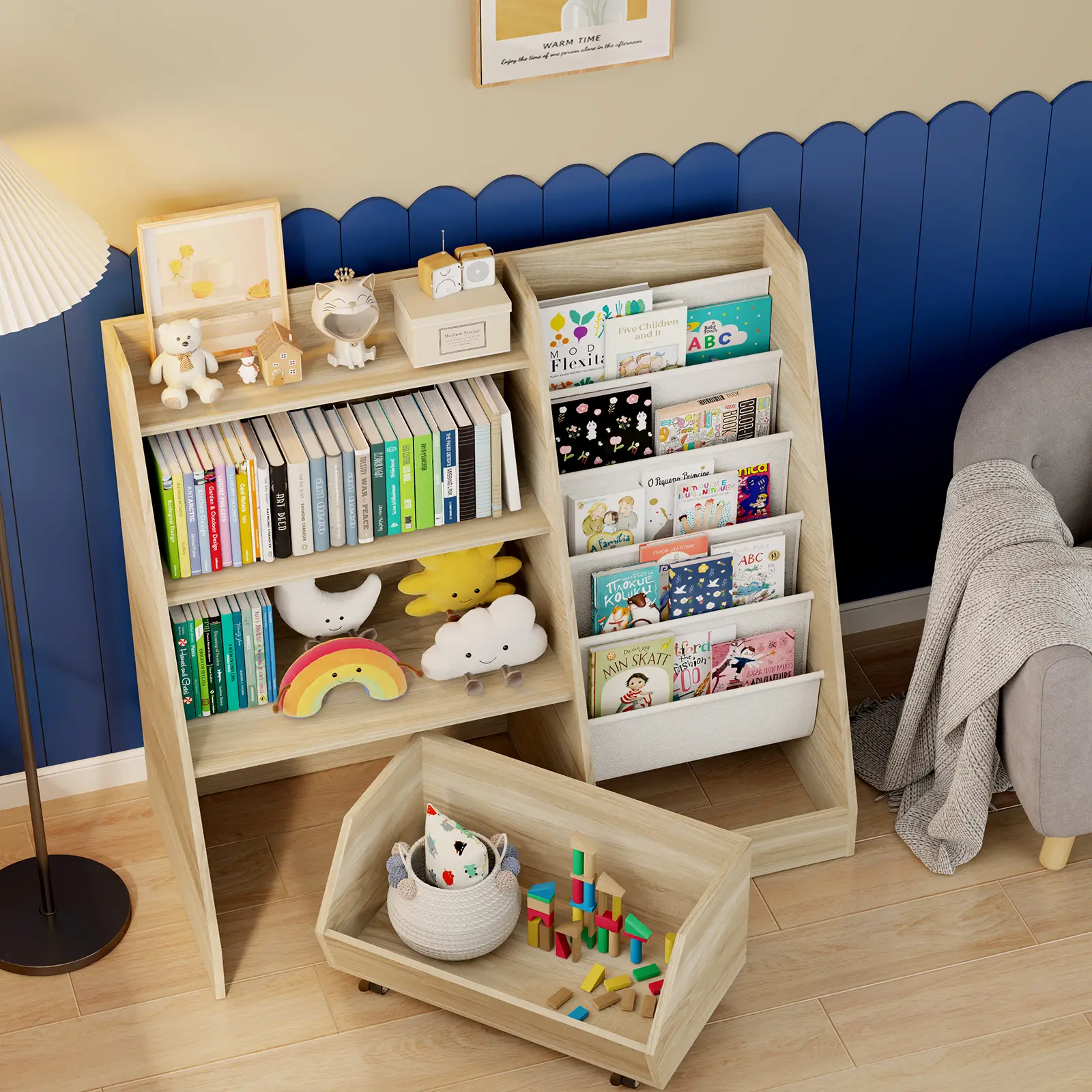 Oak Wood 4-Tier Rolling Toy Shelf with Wheels - 5-Layer Sling Kids' Furniture, Rotating Bookshelf, 35.4"w x 15.7"d x 31.5"h Toy Shelves & Racks, Nursery Organizer for Books, with Customer Service
