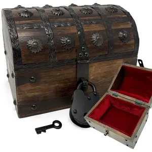 Wooden Treasure Chest with Padded  Lining and Antique Lock with  (Small 8x6x6) - Luxury  Pirate Chest, Wooden Keepsake Box, Decorative Box with Lid