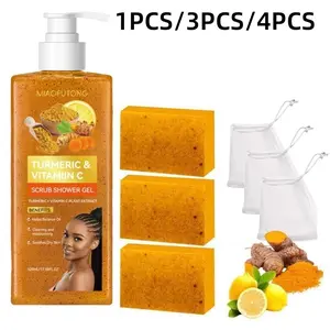 Turmeric Vitamin C Scrub Shower Gel  & Lemon Turmeric Soap Body Care Set for Soft Radiant Skin with Natural Ingredients for Cleansing, Moisturizing and Hydrating