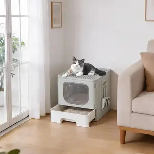 Large Covered Cat Litter Box with Front Entry & Top Exit, Foldable Drawer Design, Litter Scoop Included, Odor Control, Gray / Pink