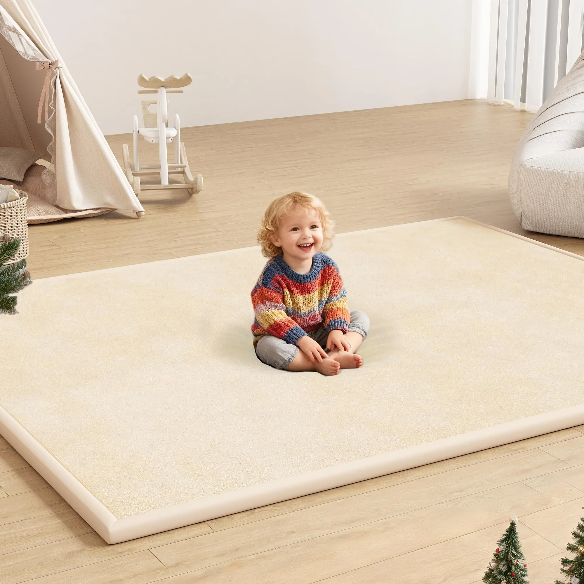Coral Velvet Baby Play Mat, 1.3" Thick Padded Memory Foam Floor Rug for Tummy Time, Large Non-Slip Crawling Mat for Infants & Toddlers, 79"x71", Play Mat For Babies, Padded Play Mat
