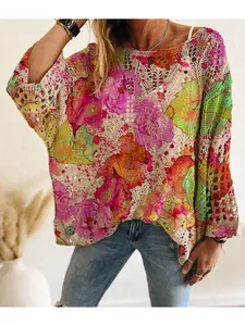 Spring/Summer Boat Neck Diamond Hollow Batwing Drop Shoulder Loose Color-Block Floral Print Long Sleeve Women's Knit Top, Vacation Style, Casual Elegant Commute, Ladies Cover-Up, Bikini Cover-Up, Beach Outdoor Wear, Summer Coverup.
