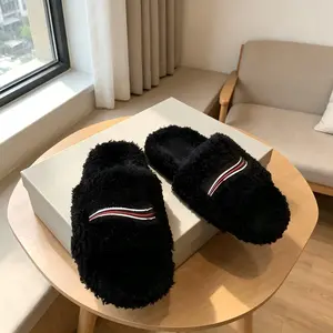 2026 Winter Furry Slippers for Women, Fluffy Plush Open Toe Slides, Warm Letter Print Flip Flops, Non-slip Sole Breathable Lightweight Indoor Outdoor House Shoes, Home Slippers, Cozy Loungewear Shoes, Comfortable Bedroom Slippers