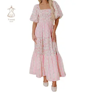 Women Long Dress Floral Print Square Neck Short Sleeve Dress Summer Fashion Casual Dress