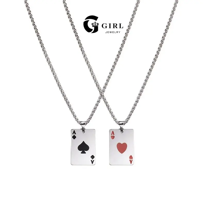 GGIRL Fashion creative Ace of Hearts and Ace of Spades poker card jewelry necklace pendant, stainless steel material, hip-hop style, unisex design