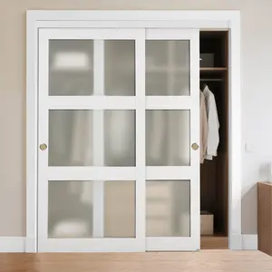 fathersdaygift VEVOR Sliding Closet Door, 72 (Double 37)x 80, 3-Lite Frosted Glass Bypass Sliding Doors with Hardware Kit Floor Guide, Solid Wood MDF Slab with Water-Proof PVC Surface for Closets Bedrooms