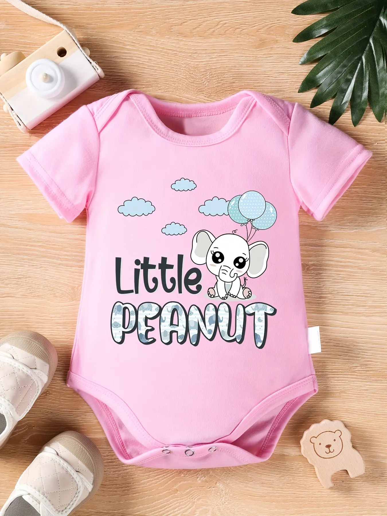 Little Peanut Cute Elephant Baby Bodysuit, Elephant Balloon Cloud Short Sleeve Cotton Pink Baby Onesie