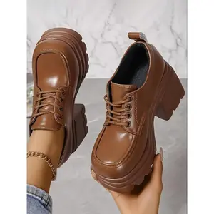 Women'sFashionableLaceUpFrontChunkyHeelShoes,?PlatformShoes,TrendingShoes,CasualComfortableThickSoleShoesforDailyWear,FemaleAll-matchTrendShoesforDailyWear