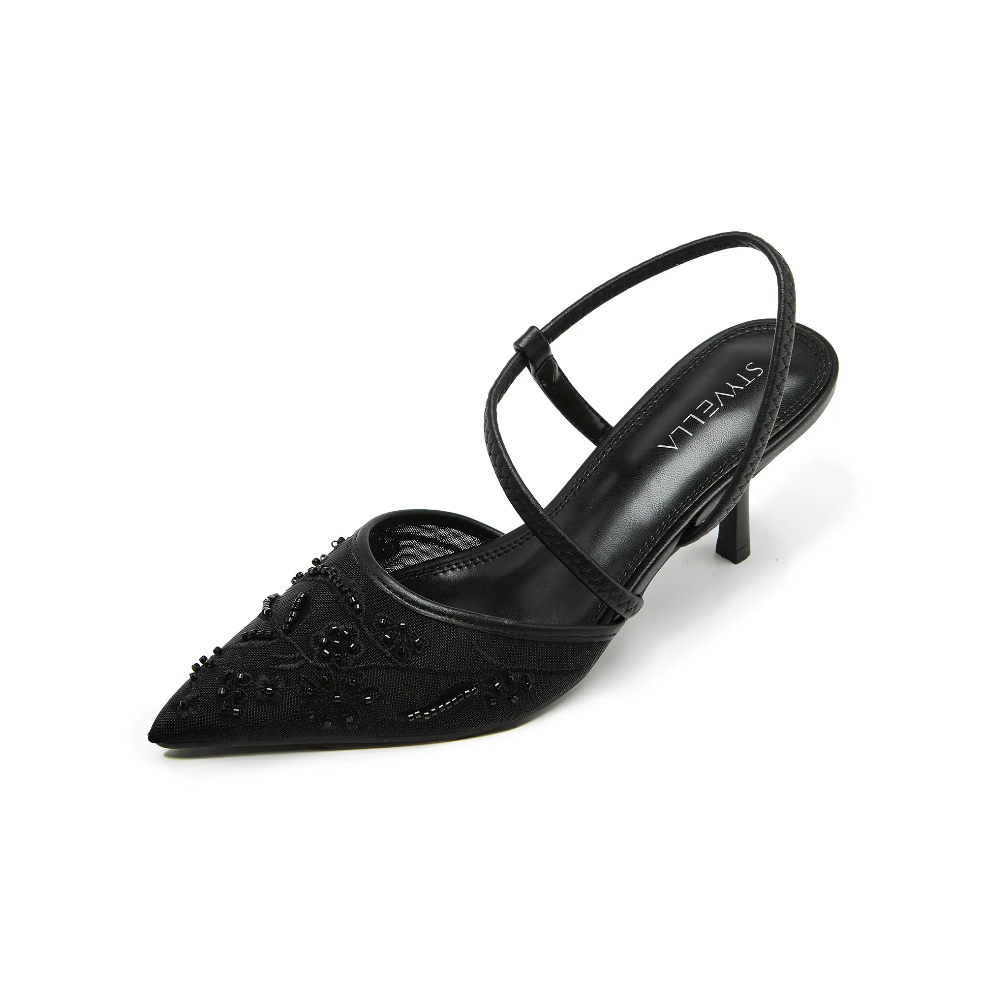 Womens Kitten Heel Slingback Mesh Pumps – Pointed Toe Low Heel Dress Shoes for Women Pearl Embroidered Elegant Closed Toe Heels for Wedding Party 2.76 inches