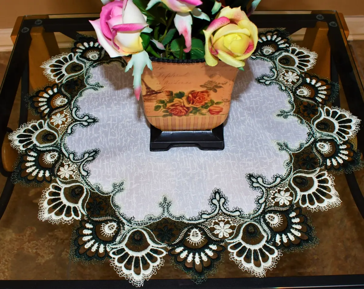 H8139-G-008 8 in. Round Shape Antique Green European Lace Doily with White Fabric for Table, Coffee Table Decor