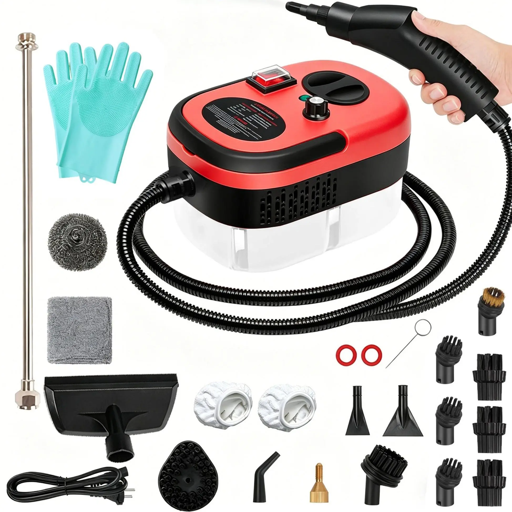 Red Handheld Steam Cleaner for Shower Curtain Cleaning, 2500W, 15s Fast Heat-Up, 6-Level Adjustable, 1200ml Water Tank, 20pcs Accessories, Steamer for Shower Curtain, Liner, Mildew and Stain Removal