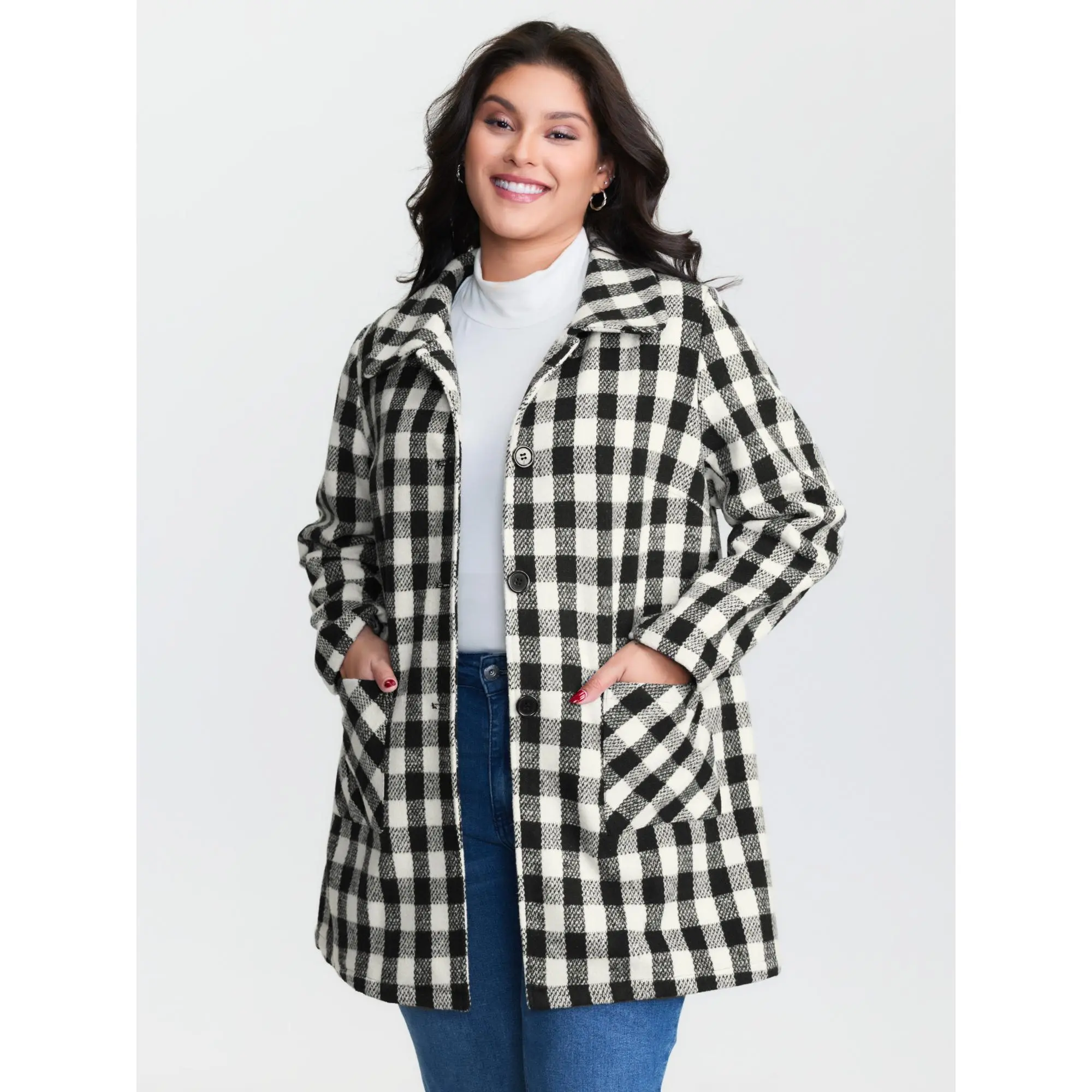 BloomChic Plus Size Jacket, Women's Casual Regular Fit Gingham Plaid Polyester Button-Front Top with Doll Collar and Patch Pockets, Tops, Coats