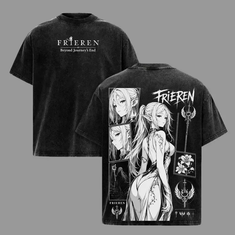 Frieren Gothic Anime Graphic T-Shirt, Unisex Oversized Fit in Vintage Washed Heavy Cotton, Casual Short Sleeve Retro Streetwear Top, Shortsleeve, Round Neck, Tshirt, Gothic Art, Anime Merchandise, Menswear, Casual Tee