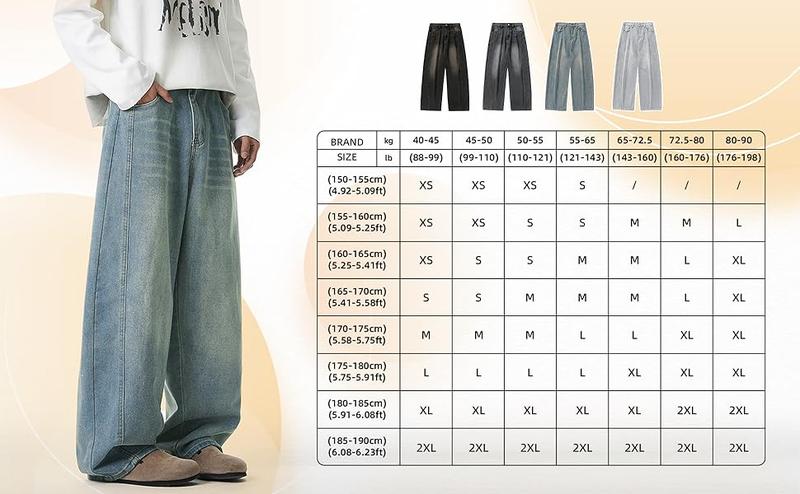 Baggy Hip Hop Jeans for Men Wide Leg Skater Denim Pants Casual Loose Fit Long Trousers