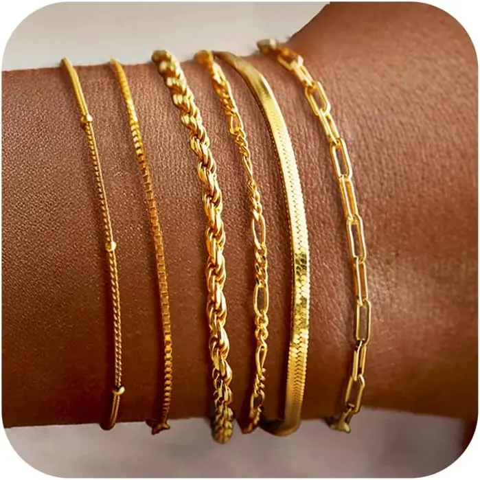 Tewiky Dainty Bracelets For Women Trendy Jewelry Set For Women Paperclip Box Herringbone Figaro Rope Chain Bracelet Fashion Pack Gifts For Summer Jewellery Accessories Titanium Steel