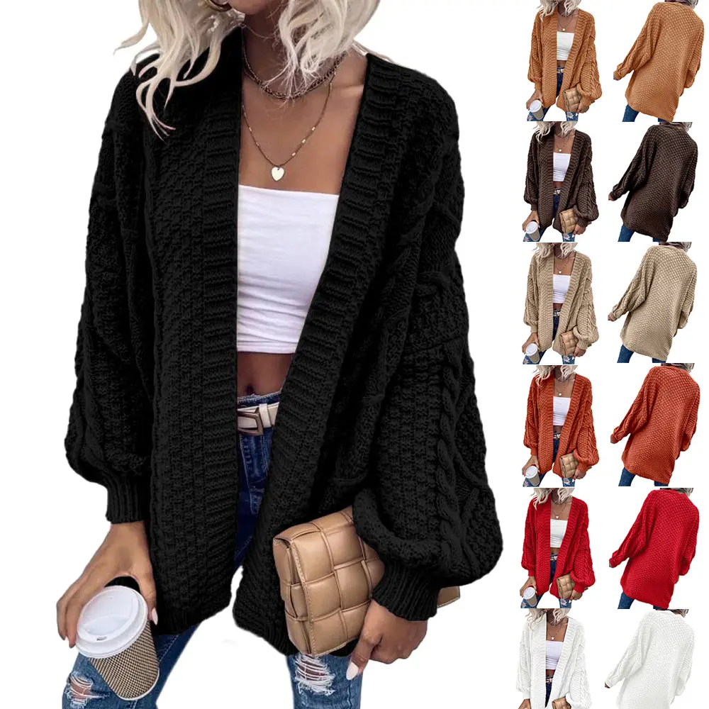 【US Shipping】Women's Oversized Open-Front Cable Knit Lantern Long-Sleeve Chunky Garment, Basic Casual Comfortable Knitwear Outwear Coat, Longsleeves