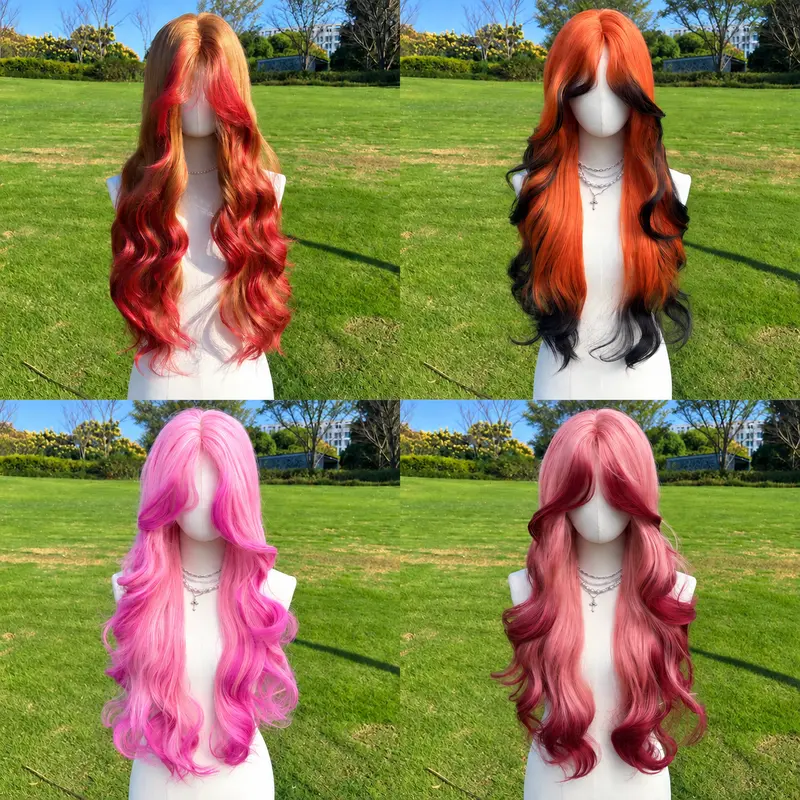 SMILCO 28Inch Gold and Rust Loose Wave Wig with Bangs Flame color SM577 Synthetic Material Heat Resistant Adjustable Breathable Rose Mesh for Daily Use