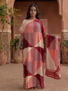 Women's Geometric Pattern Long Robe Set, Casual Beach Cover-Up Shawl + Silk Scarf, Sun Protection, All Seasons Wear, Swimsuit Cover Ups