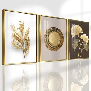 3 Counts Aluminum Alloy Framed Painting, Golden Leaf And Abstract Circle Art Pictures, Home Decoration For Living Room, Bedroom, Office, Restaurant, Hallway Wall Decor, Odorless Print Artwork, Luxury Perfect Gift For Friends And Family