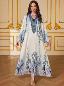 Middle Eastern Muslim Embroidered Tree Print Ethnic Long Sleeve Abaya Dress, Fitted All-Seasons Garment, Glossy Finish, Unlined Design