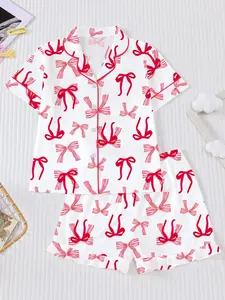 2-Piece Set Base Bow Print, Sweet and Cute Style Pajama Sleepwear, Fire-Retardant Open Collar Short Sleeve Top and Loose Shorts Loungewear