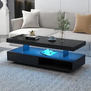 [Bellemave]U-Can LED Coffee Table with Storage, Modern Center Table with 2 Drawers and Display Shelves, Accent Furniture with LED Lights for Living Room,Black
