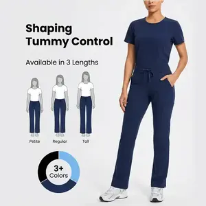 Women’s yoga scrub pants, flared mid-rise cargo work pants with five pockets, made from 4-way stretch fabric