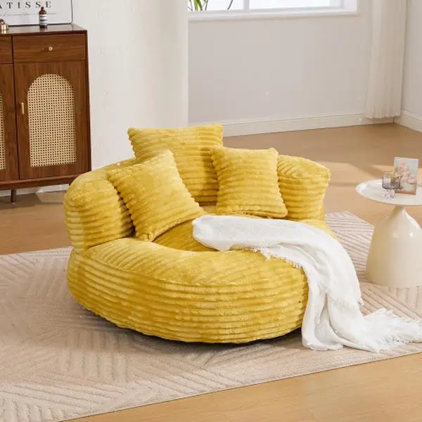 Oversized Corduroy Bean Bag Chair for Adults, Memory Foam Beanbag Sofa with 3 Pillows and Armrest, for Living Room, Bedroom, Dorm, No Assembly (Mustard Yellow)