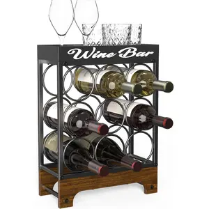 Countertop Wine Rack - 9 Bottle Freestanding with Top Tray, Modern Black Metal &Wood, 3 Tier Tabletop Wine Holder Stand for Home Kitchen Bar, Cabinet, Pantry, Wine Bottle Storage
