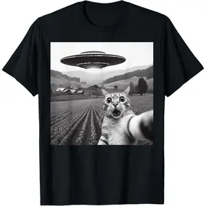 Cat Selfie With Alien UFO Funny Cat Gifts For Men Women Kid T-Shirt