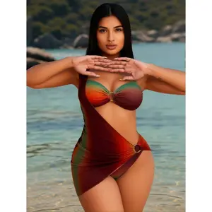 Women's Ombre Bikini Sets, 3-Piece Color Block Bathing Suit with Sheer Wrap Skirt & Gold Ring Detail, 82% Nylon 18% Spandex Comfortable Fit for Beach Vacation Summer,summervibes
