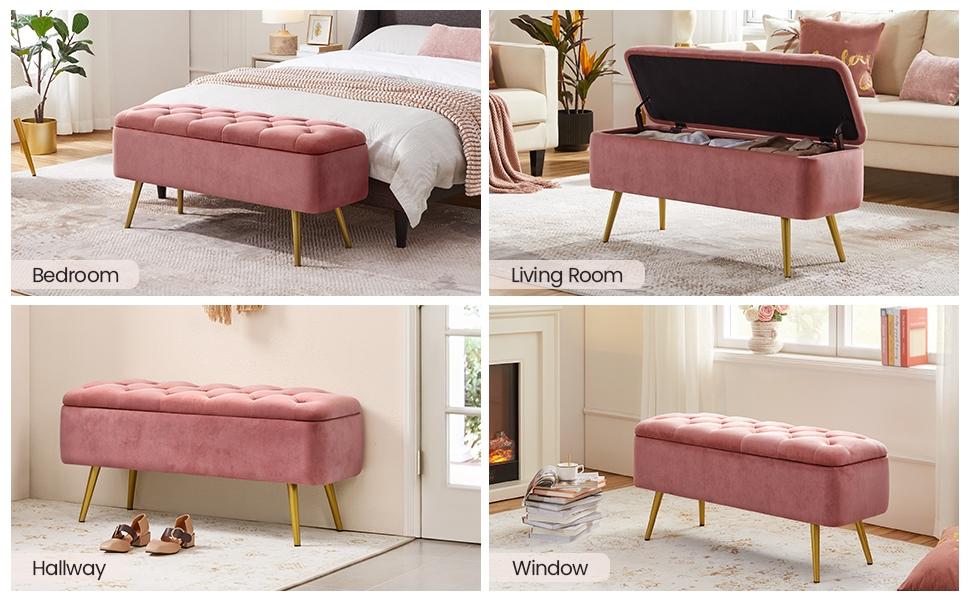 Yaheetech Modern Ottoman Footstool Bench with Storage Compartment, Upholstered Bedroom Benches Footrest Stool, Button-Tufted Table Bench