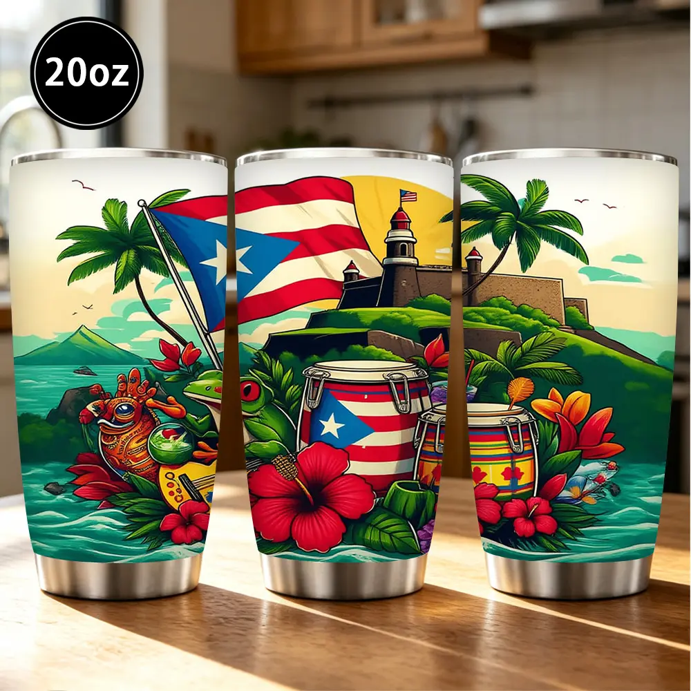 Puerto Rican Culture Tumbler with Tropical Scenery & Vibrant Colors, 12/18/20oz Multi-Size Stainless Steel Insulated Cup, Puerto Rico Flag & Coquí Frog Art Travel Mug, Keeps Cold/Hot for Hours, Ideal Daily Use & Boricua Pride Gift