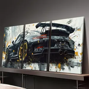 3-Piece Porsche 911 GT3 RS Rear View Canvas – Black & Gold Motorsport Poster – Luxury Car Wall Art for Living Room & Garage