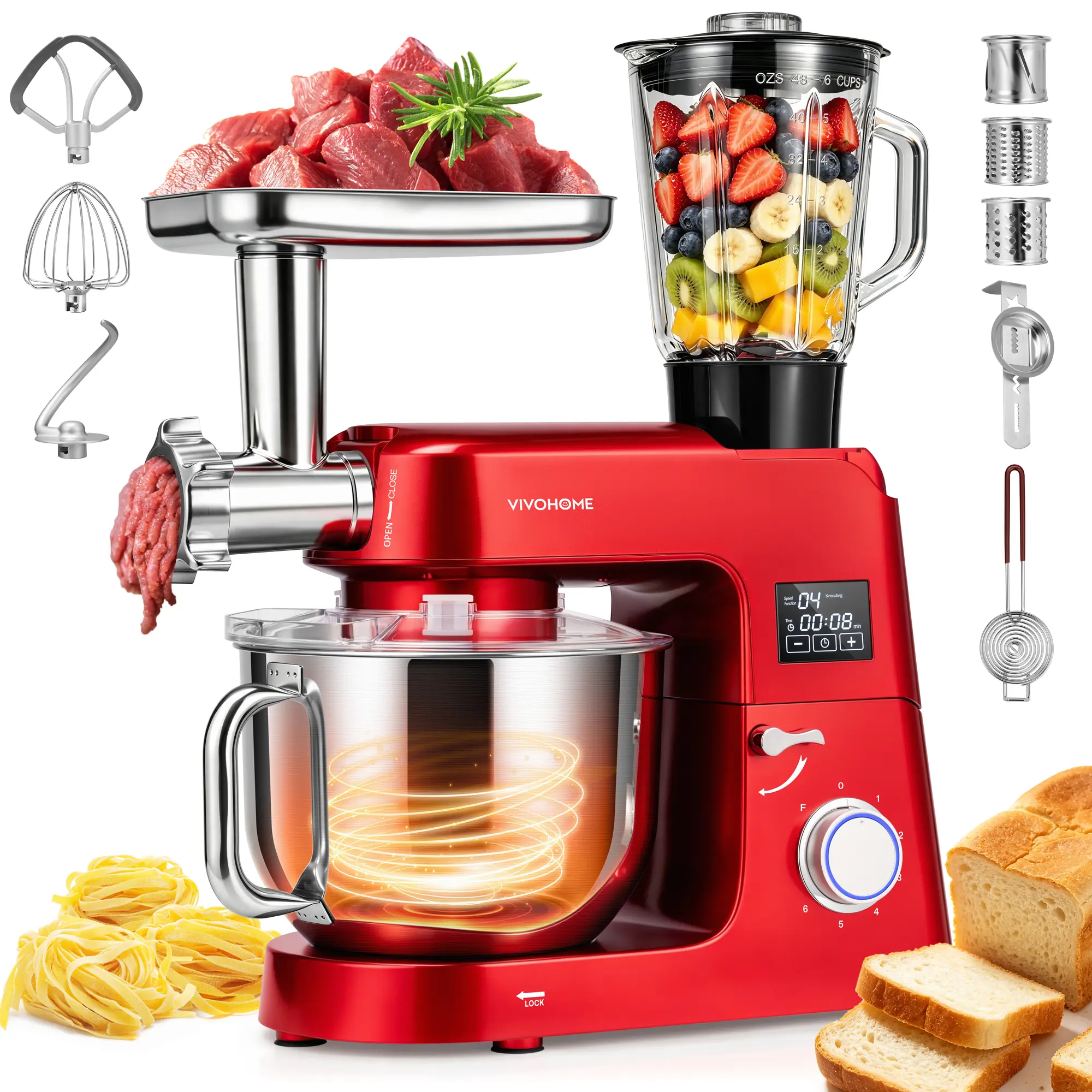 VIVOHOME 9-in-1 Stand Mixer with Fermentation & Timer, 7.5-Quart,  Built-in Fermentation, Meat Grinder & Blender Jar, Pasta Maker & Slicer, Dough Hook, Beater, Whisk, Stainless Steel Bowl