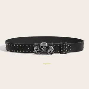 Men's Punk Skull Pattern Casual Belt, Trendy Youth-Style Waistband with Snap Button, Personalized Gothic Streetwear Belt for Daily Casual Outfits