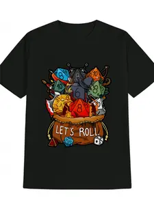 Men’s Casual Graphic T-Shirt – Dice & Treasure Chest Print with “Let’s Roll” Design – Black Gaming Enthusiast Tee – Summer Round Neck Top – Machine Washable Gift for Men, Summer Clothing – Treasure Chest Design – Easy Care Top