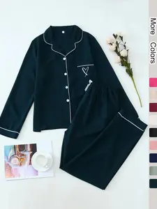 Two-Piece Set Women's Heart Embroidery Contrast Binding Pajama Set, Long Sleeve Lapel Button Front Shirt & Elastic Waist Pants PJ Set, Women's Sleepwear Loungewear for Spring & Fall