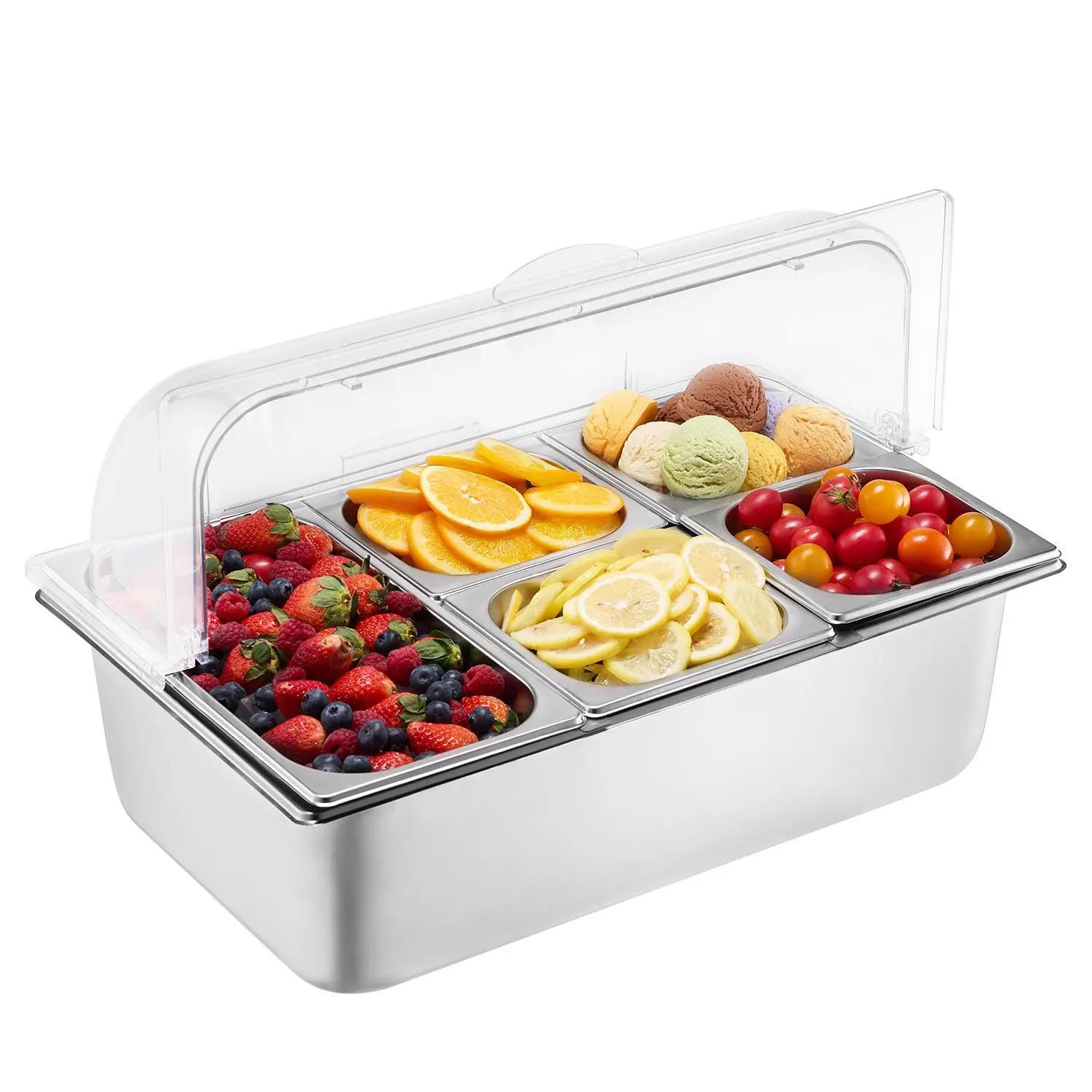 VEVOR Stainless Steel Food Storage Countertop Display Container - 5-Pan Tray, Detachable Buffet Condiment Dispenser Rack, Cooling Preservation, Silicone Utensils, 3 Freezer Boxes, Ice/Hot Water Compatible for Restaurant, Family Meals, Cold Lunch