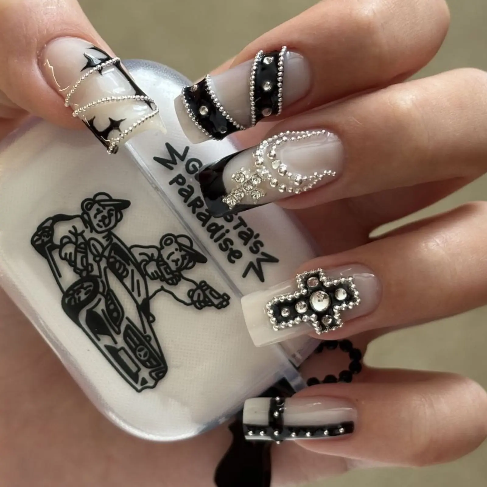 Gothic Cross Press On Nails | Black French Tip Y2K Nail Set | Silver Chrome Grunge Handmade False Nails