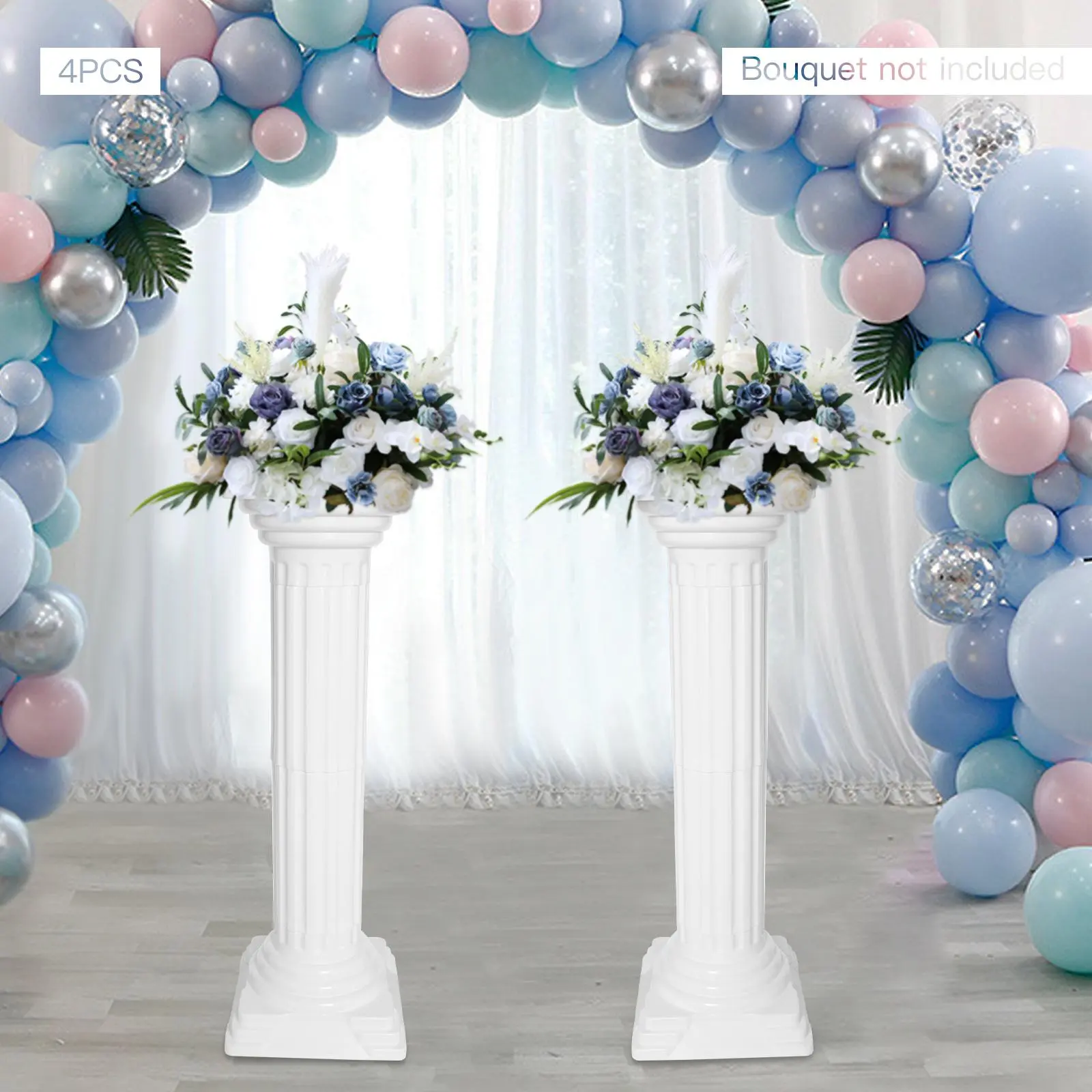 4Pcs Durable European Roman Column Set - 34in Plastic Greek Column Statues with Flower Pot Pedestal Stands, Ideal for Ceremony, Garden, Party, School Wedding Decorating Tools