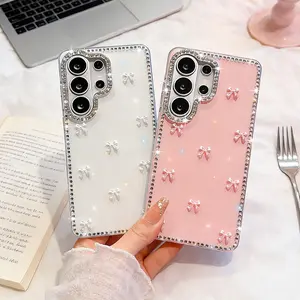 Girl's 3D Pink Bow Phone Case For Samsung S24 S25 FE S26 Plus S23 Ultra A37 A57 A16 A26 A36 A56 A17 A07 A15 A35 A55 5G Glitter Cover