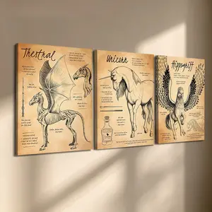 3 Pcs/Set Wooden-Framed Canvas Painting, Harry Potter Magical Creatures Triptych Canvas Wall Art, Vintage Wizard Print for Living Room, Bedroom, Office Decoration, Modern Home Decor, Fashion Artistic Ornaments, Artwork
