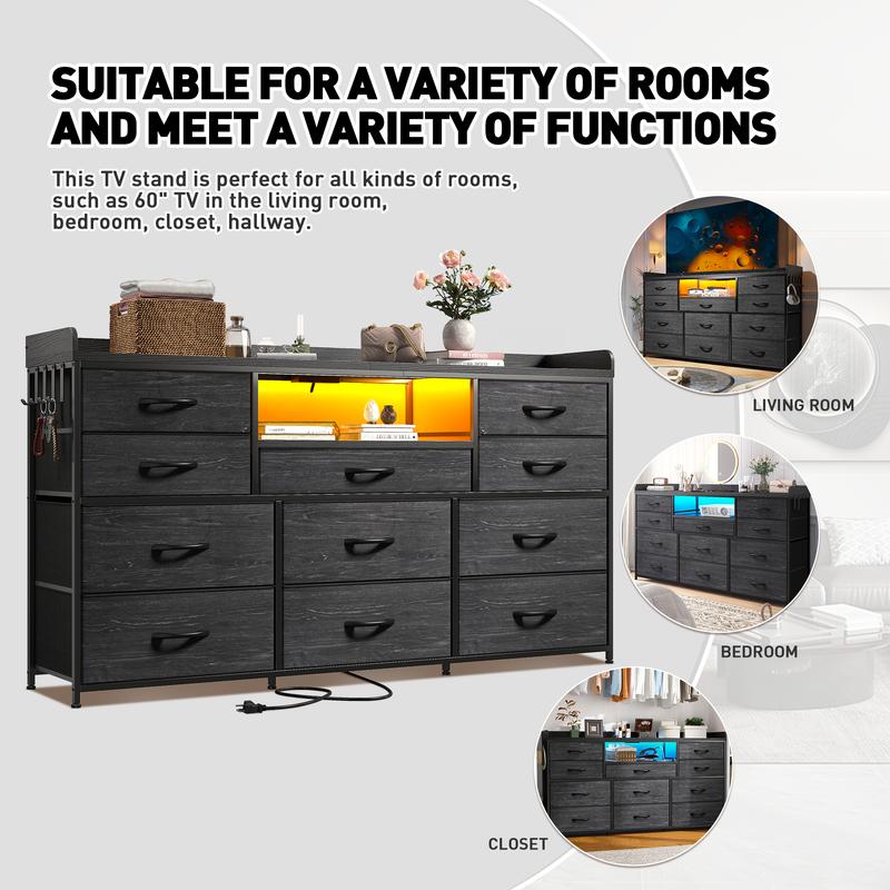 【Holiday Haul】Raybee 11 Drawer Smart LED Dresser, with Charging Station, Power Outlets, LED Lights & Shelves, Modern Storage Cabinet for Bedroom/Hallway, TV Stand for 32-55 inch TVs, Easy 10-min Assembly, Includes 4 Hooks