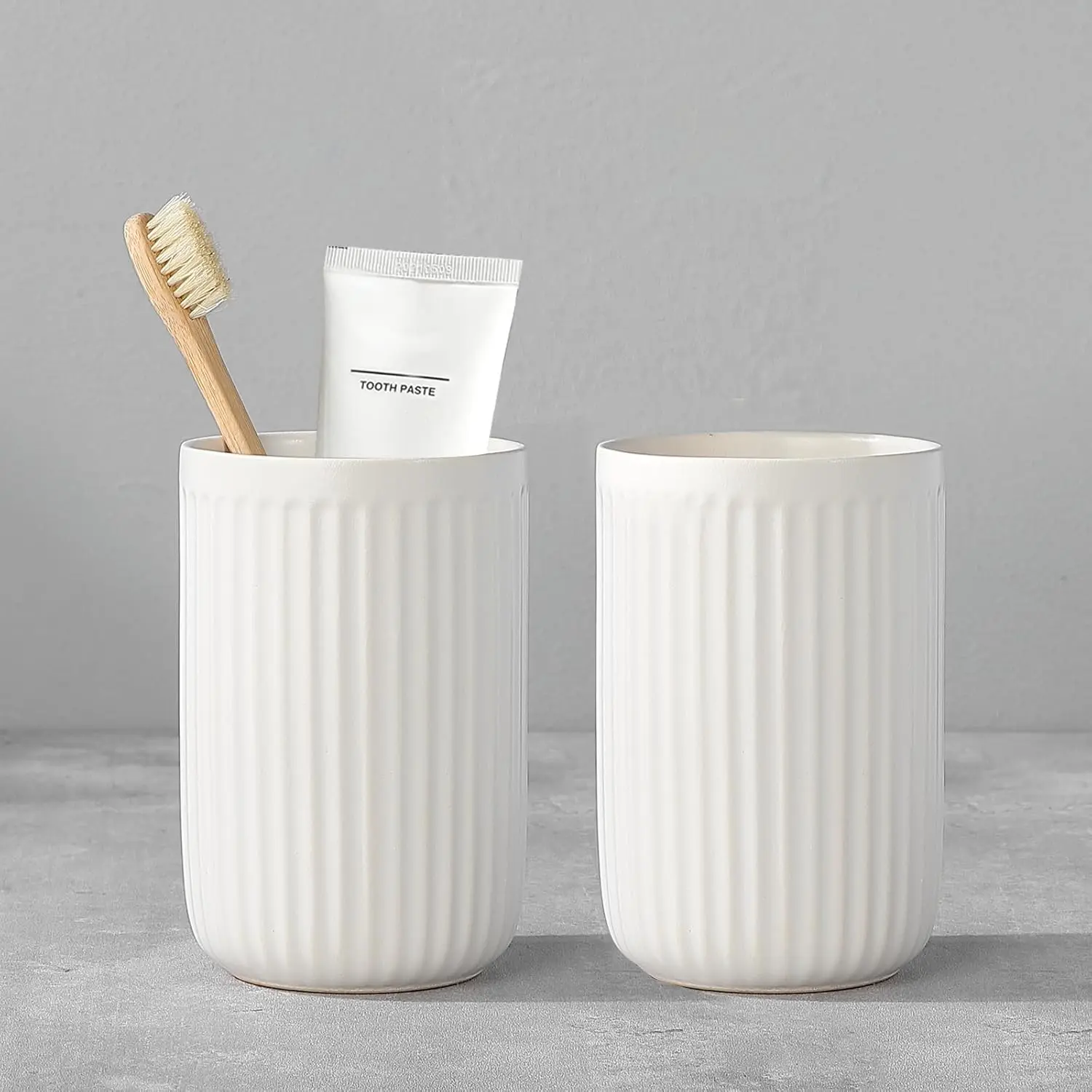 White  Holders for Bathrooms - 2 Cups Ceramic   Holders Set, White Bathroom Tumbler Cups   Mouthwash Cup, Bathroom Counter Organizer.